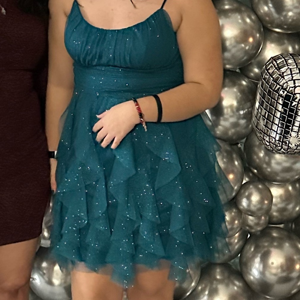 Pear Culture Ruffled Glitter Homecoming/Cocktail Dress Teal/Blue/Green